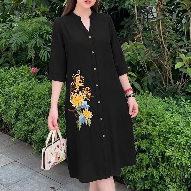 ZANZEA ผู้หญิงเกาหลีวินเทจลําลองขาตั้ง V คอ 3/4 แขนเดี่ยวปักพิมพ์ A-Line Shirtdress — صورة 4