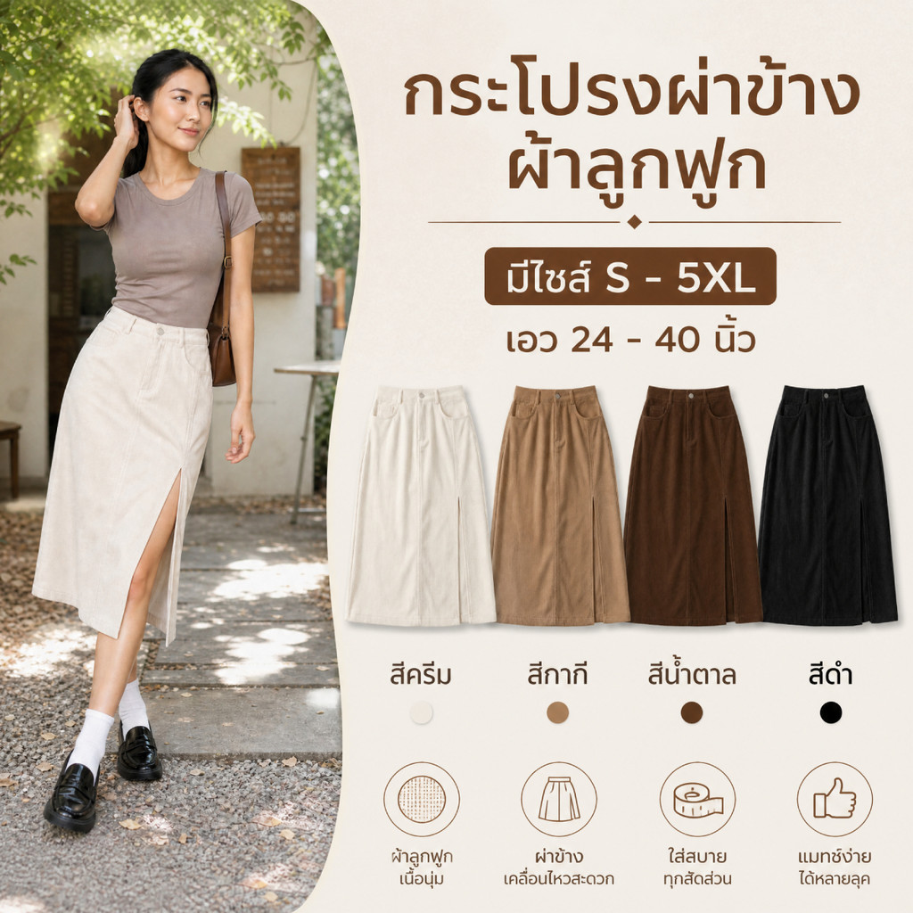 พร้อมส่ง  กระโปรงยาว มีไซส์ S-5XL ผ้าลูกฟูก ผ่าหน้า 1 กระดุม เซ๊กซี่หวานๆ