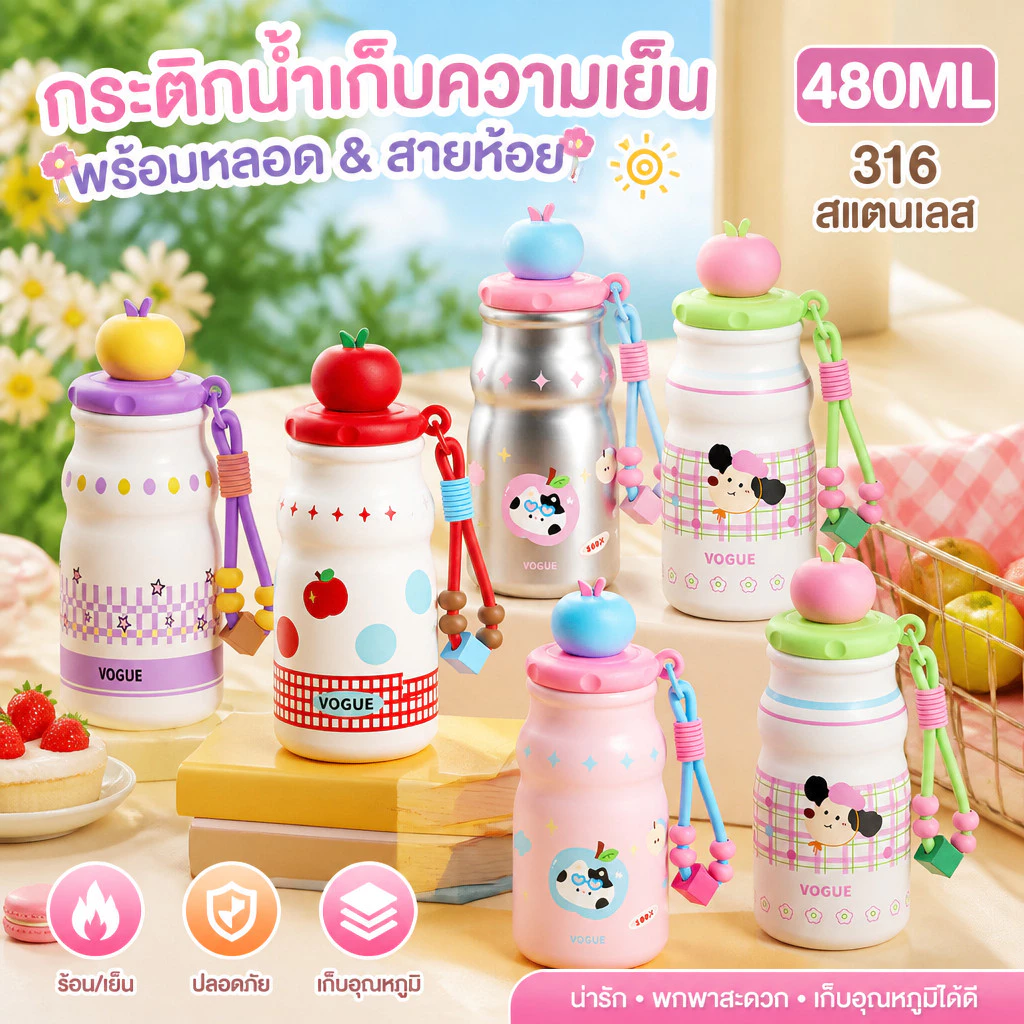 แก้วเก็บอุณหภูมิสแตนเลส 316 ขนาด 480 มล. สไตล์ INS ลายการ์ตูน น่ารัก มีหลอดและหูหิ้ว พกพาง่าย เหมาะผู้หญิง
