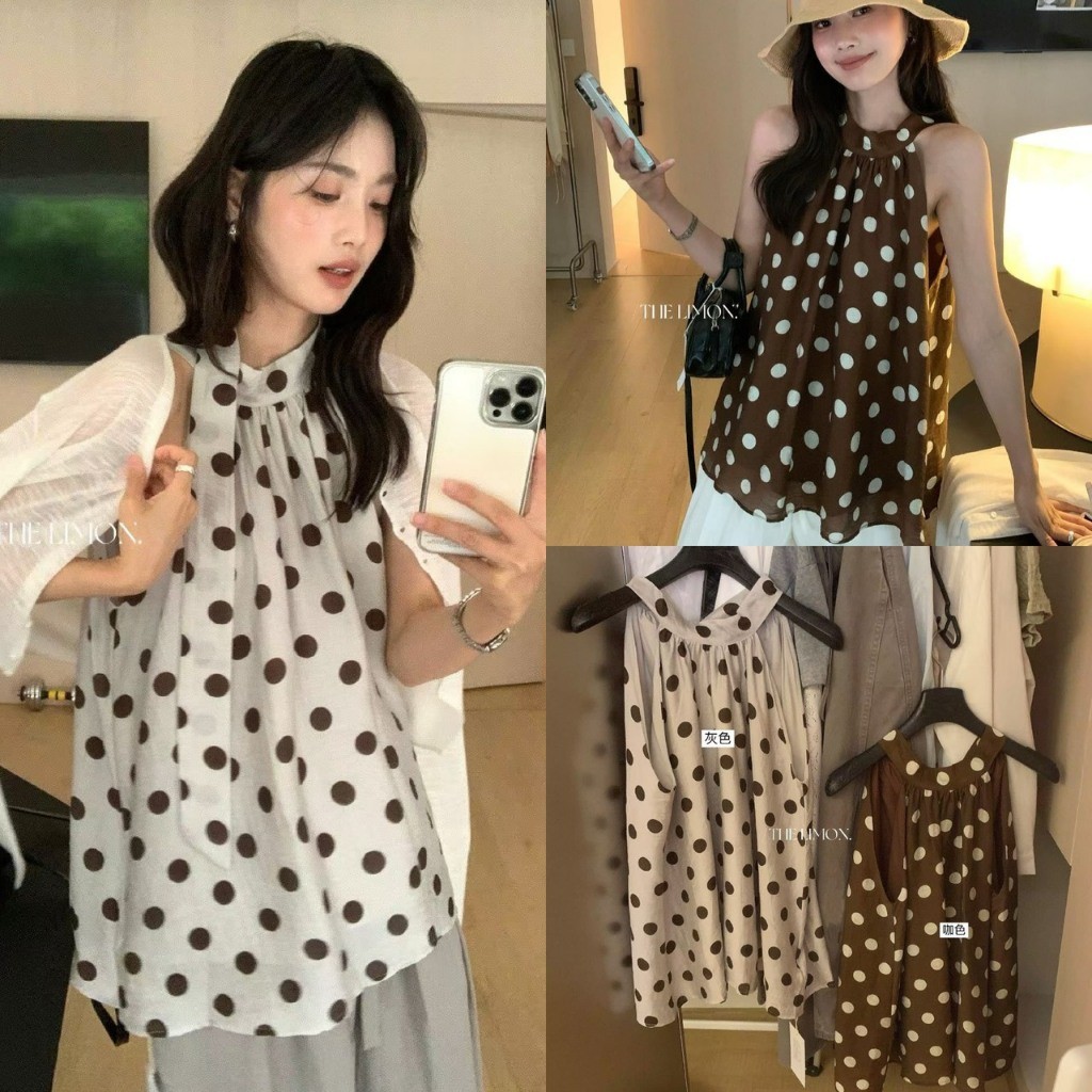 LM10709 เสื้อแขนกุดลายจุด ทรงปล่อย ด้านหลังแต่งเชือกมัดโบว์ ผ้าดีใส่สบาย แฟชั่นเกาหลี TAG LEMON