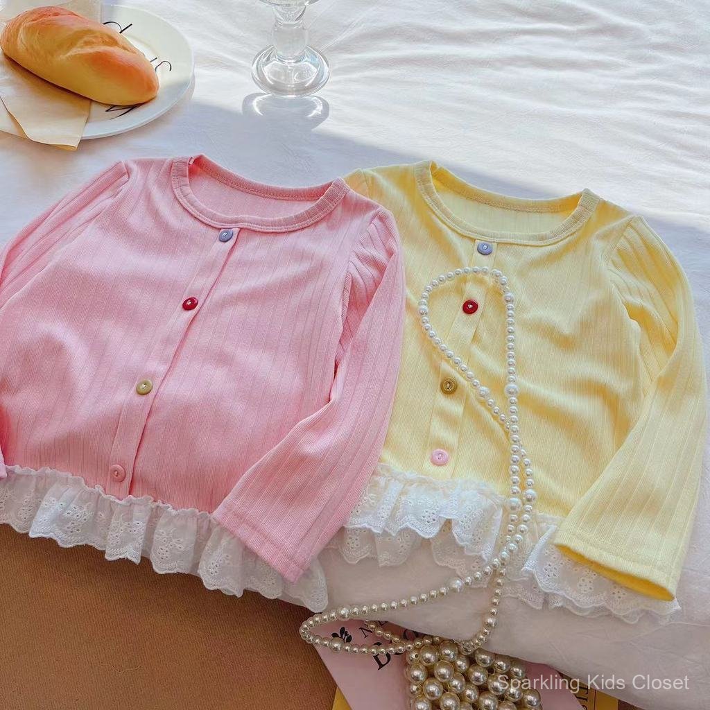 สไตล์เกาหลีหวานเด็กแขนยาวเสื้อตัวใน,ลูกไม้หอยเชลล์นัวเนียเหมครึ่งสาบปุ่มสาวเสื้อลําลอง