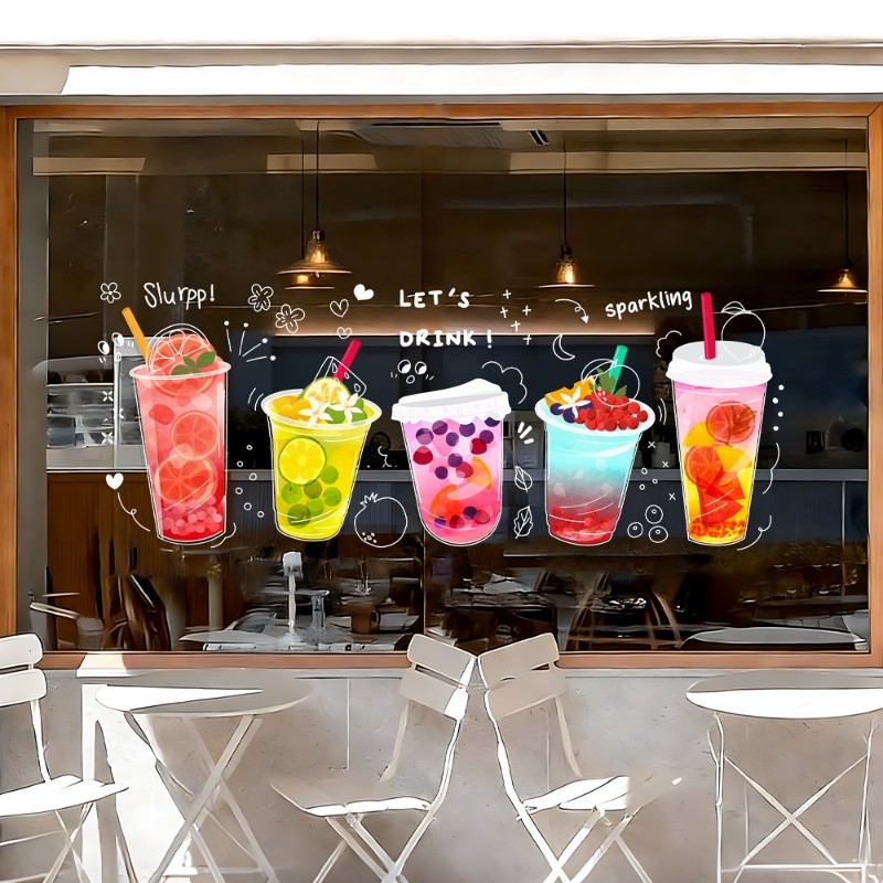 สร้างสรรค์ฤดูร้อนเครื่องดื่มร้านสติกเกอร์หน้าต่างกาแฟนมร้านน้ําชาสติกเกอร์แก้ว