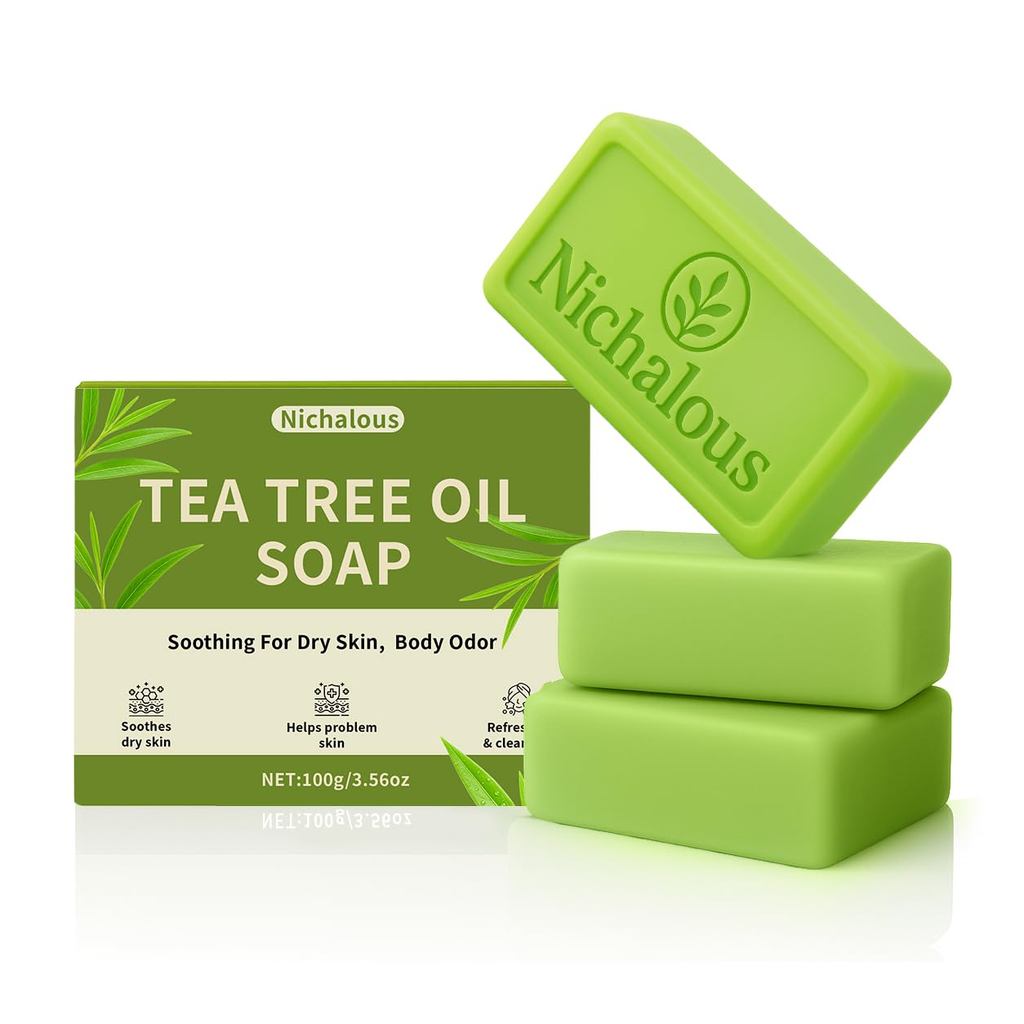 3 ชิ้น Tea Tree Soap, Tea Tree Relief Soap Bar, with Tea Tree Oil & Coconut Oil & Witch Hazel, Deep 