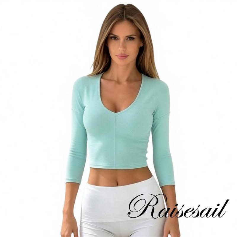 Rs-Women Crop Fit Tops สีทึบคอตัก Basic 3/4 แขนเสื้อ