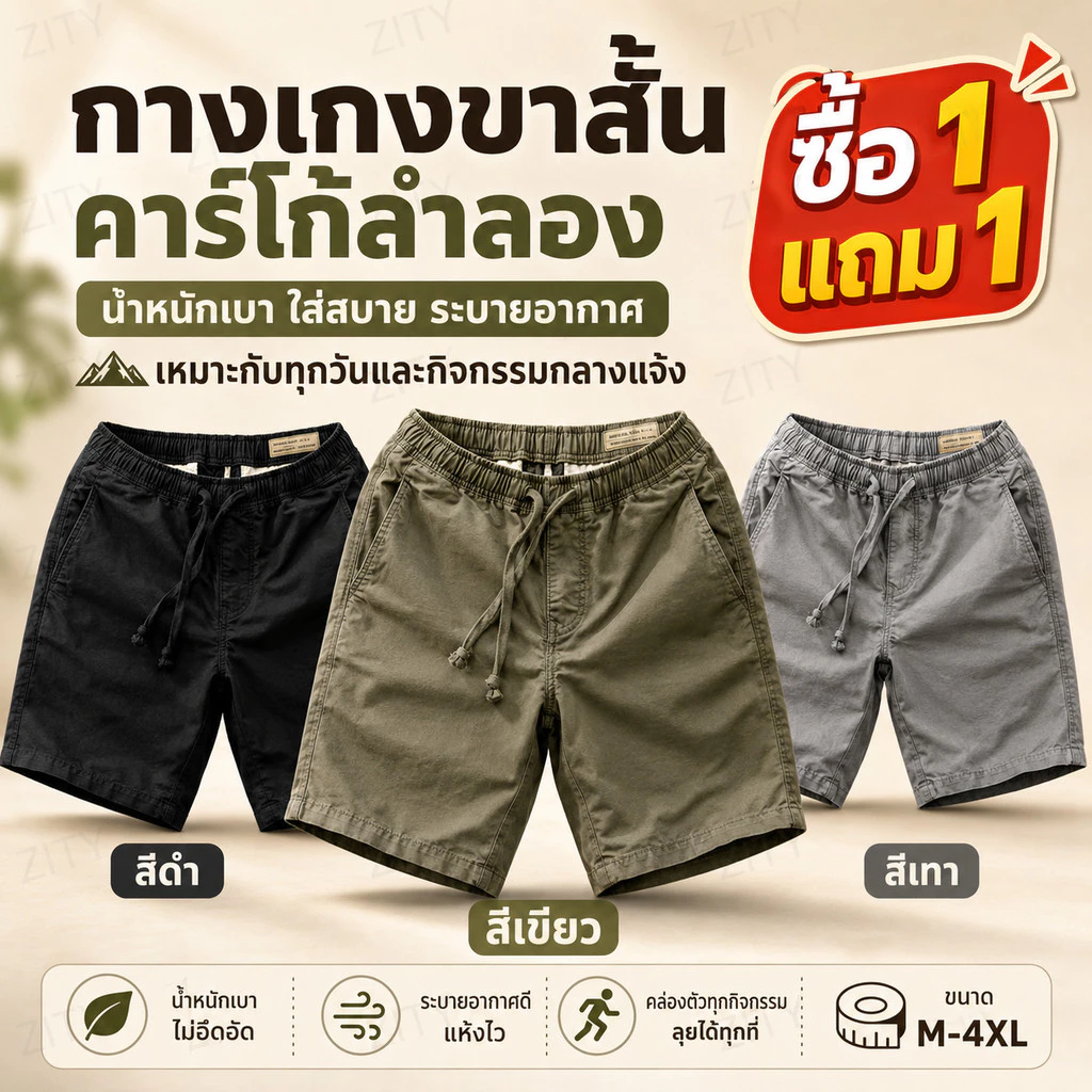 กางเกงขาสั้นผู้ชาย กางเกงขาสั้นลำลอง ซื้อ 1 แถม 1 เอวยางยืด ใส่สบาย ระบายอากาศดี