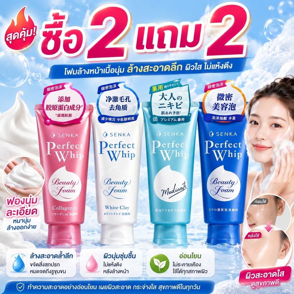 ซื้อ 2 แถม 2!SENKA คลีนเซอร์โฟมล้างหน้า ฟองละเอียด ผิวสะอาดใส ชุ่มชื้น ลดความแห้งตึง อ่อนโยนต่อทุกสภาพผิว