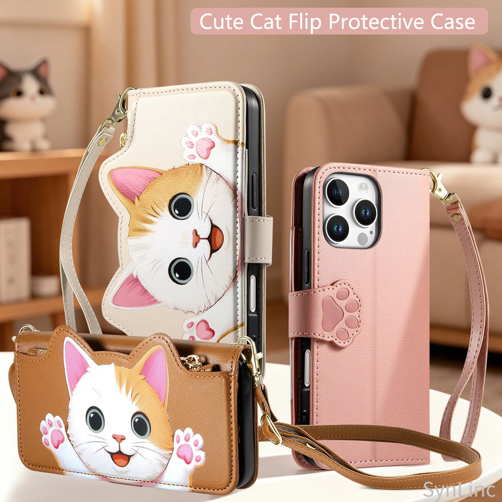 แมวน่ารักพิมพ์กรณีเหมาะสําหรับ OPPO Reno 15F 14F 8T 10 11 11F 12 12F 13 13F 15 PRO MINI 14 PRO MAX PU หนังกระเป๋าสตางค์ป้องกันพร้อมกระเป๋าซิปเชือกมือ