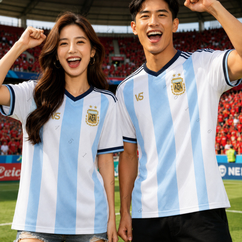 เสื้อฟุตบอลสไตล์อาร์เจนตินา คอวีแขนสั้น ชายหญิง เสื้อเชียร์บอล ซ้อมกีฬา แห้งไว ระบายอากาศดี ใส่สบาย
