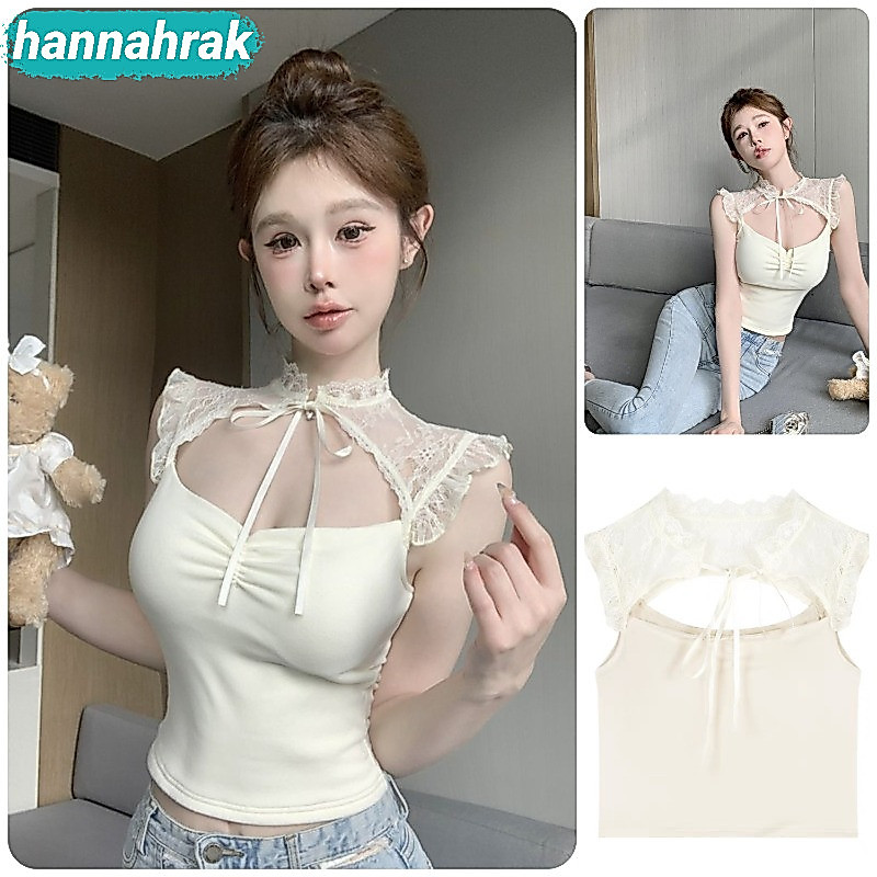 (ส่งจากกรุงเทพฯ)สไตล์ฝรั่งเศสขนาดเล็กบินแขนเสื้อลูกไม้ camisole ผู้หญิงสวมใส่ด้านนอกฤดูร้อนเซ็กซี่ hottie เซ็กซี่ด้านบน