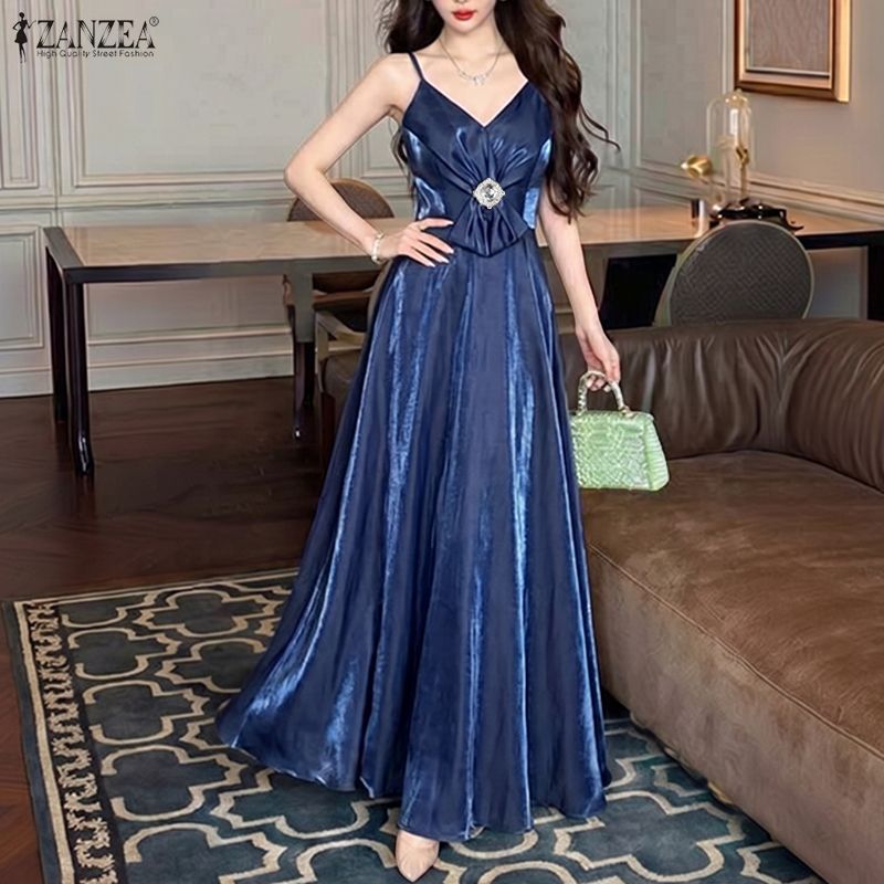ZANZEA ผู้หญิงชุดราตรีเกาหลี V คอเพชร Embellish Bows ออกแบบแขนกุดผ้ามัน Maxi Slip Dresses — صورة 4