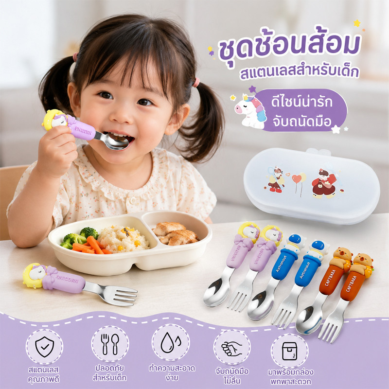 ชุดช้อนส้อมเด็ก  2ชิ้น/เซ็ต 304 ปลอดภัย วัสดุสแตนเลส ช้อนส้อมลายการ์ตูน มีช่องเก็บของ