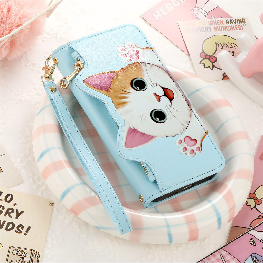 Cat Paw Zipper Wallet Leather Case, Anti-drop Phone Cover พร้อมสายคล้องมือและป้องกันกล้องสําหรับ OPP