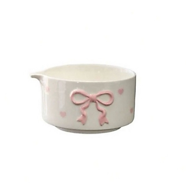 พร้อมส่ง ‼️🎀 ถ้วย Chawan ชงชาเขียวมัทฉะลายโบว์สีชมพู เซรามิค Handmade (เฉพาะถ้วย)