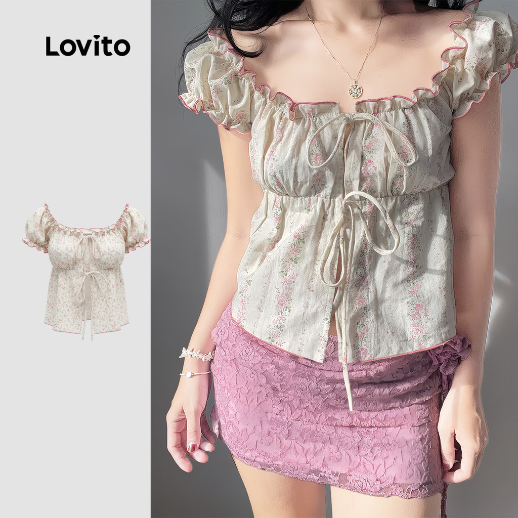 Lovito เสื้อเบลาส์ลําลองสําหรับผู้หญิง ผูกปมด้านหน้า ลายพิมพ์ สไตล์ฤดูใบไม้ผลิ/ฤดูร้อน LK5AD668