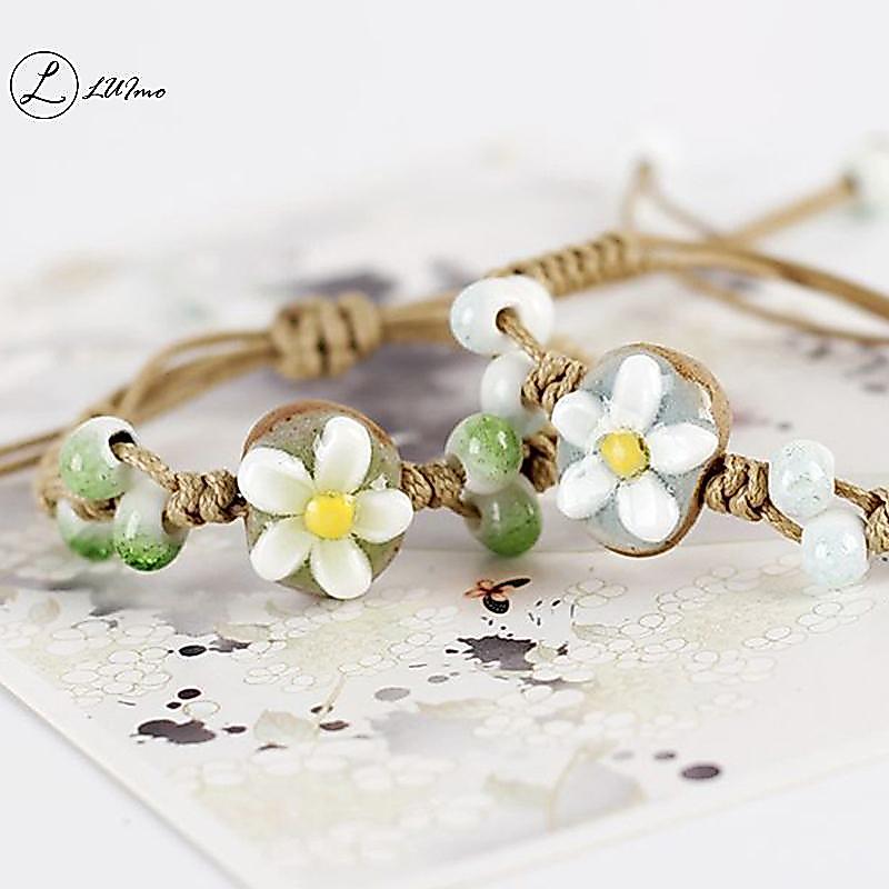 LUImo Handmade Sunflower Leaf สร้อยข้อมือเซรามิค Boho ปรับเครื่องประดับผู้หญิง Vintage ชาติพันธุ์ของขวัญใหม่