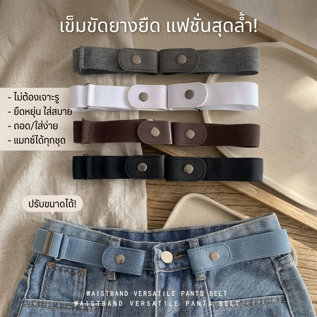 เข็มขัดไร้หัว เข็มขัดยางยืด ดีไซน์เนียนเรียบไม่พองนูน ไม่ต้องถอด ปรับสายได้ สำหรับผู้ชาย ผู้หญิง