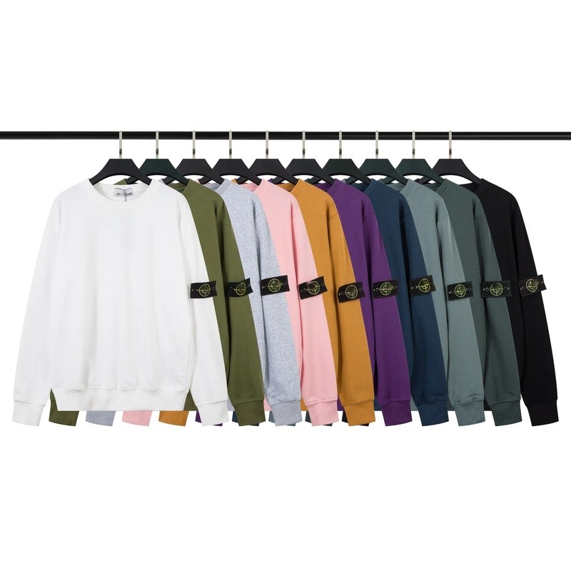 STONE Classic STONE Island สีทึบคอกลมแขนยาว Badge เสื้อกีฬาผู้ชายผู้หญิงของแท้