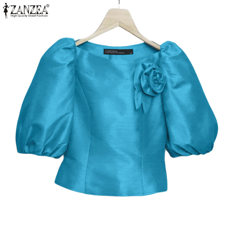 ZANZEA สไตล์เกาหลี กระโปรงแขนฟองและคอลลาเรอร์แบบเรือ ตกแต่งด้วยดอกไม้ 3D เสื้อครอปสำหรับผู้หญิง