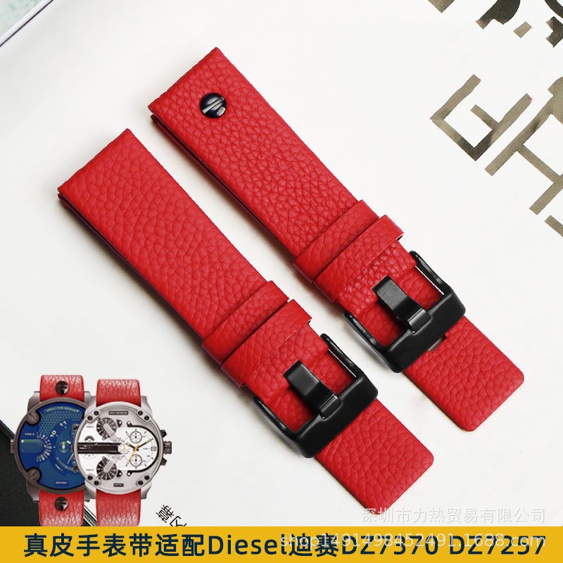 สายนาฬิกาหนังวัวเหมาะสําหรับ DS Disse DZ7395 7257 7370 สร้อยข้อมือผู้ชายอุปกรณ์เสริม 26/28 มม.สีแดง