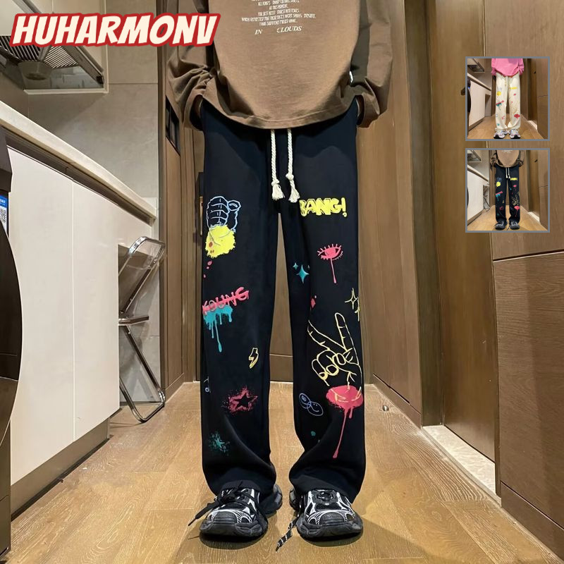 Ocshean Vibrant Graffiti Streetwear Sweatpants สําหรับวัยรุ่นพร้อมเอว Drawstring