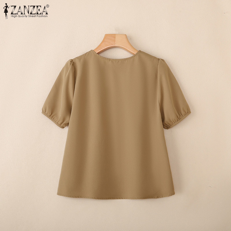 ZANZEA สไตล์เกาหลีสำหรับผู้หญิง คอปอมแขนสั้น เสื้อลายคราม pleated neckline — صورة 8