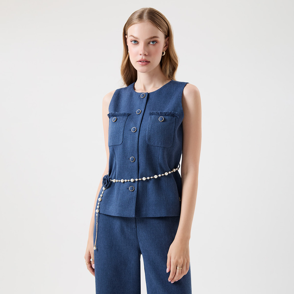 ESPADA เสื้อเบลาส์แขนกุด ผ้าทวีต ผู้หญิง สีกรมท่า | Tweed Sleeveless Blouse | 04874