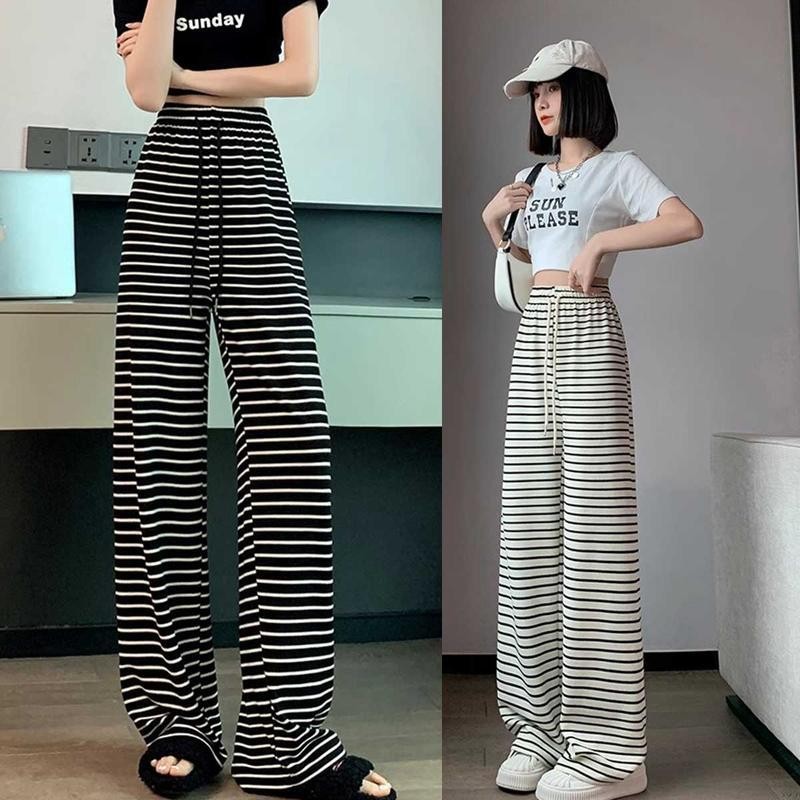 กางเกงเป็นแบบเกาหลีสไตล์สไตล์ ลายลายดำขาว ผ้านุ่ม สวมใส่สบาย เก๋ สไตล์เท่ Clothing Lady Women Pants ผู้หญิง เสื้อผ้า