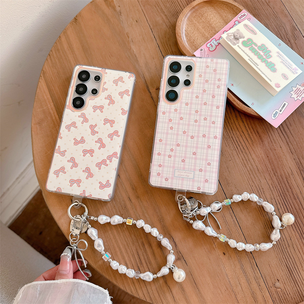 SamsungS25 Edge S22 S23 S24 FE Plus Ultra Bow ลายสก๊อตดาว Full Encirclement จี้กรณีรวมทุกอย่างแขนป้องกันสําหรับ Samsung Drop-proof ความคิดสร้างสรรค์ฝาครอบ