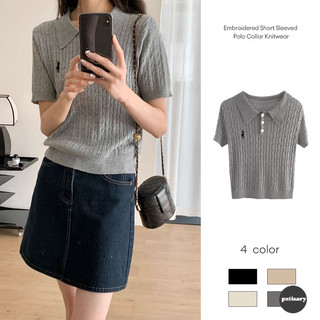 PAT- Bordir Lengan Pendek Polo Kerah Rajut Wanita Memutar Serbaguna Top Retro
