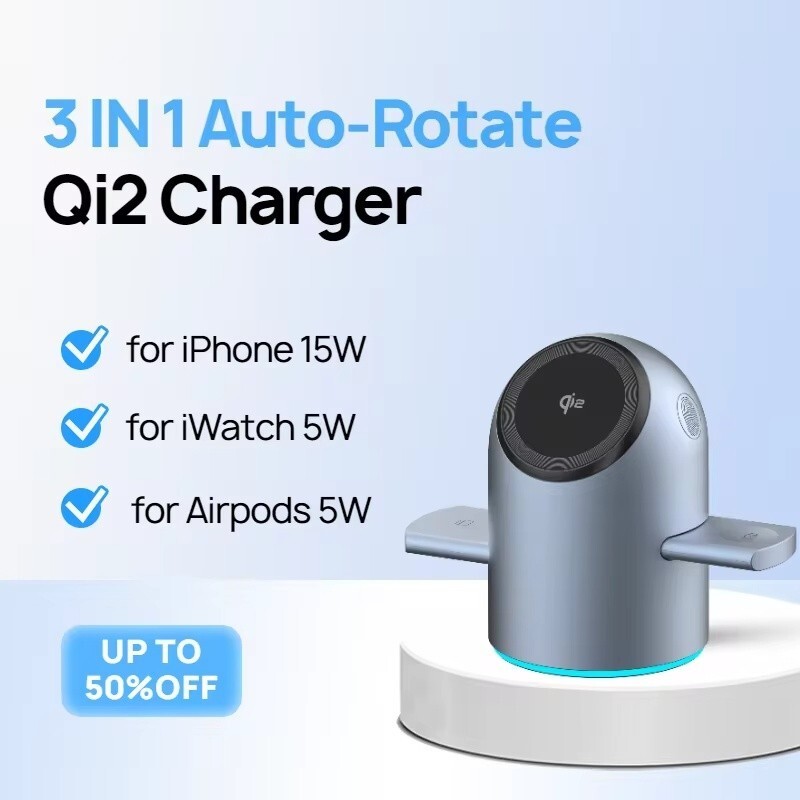 Qi2 15W 3 ใน 1 สถานีชาร์จพร้อมฟังก์ชั่นหมุนอัตโนมัติมัลติฟังก์ชั่น Magnetic Fast Charger สําหรับ Pho
