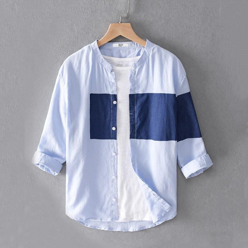 เสื้อเชิ้ตผู้ชาย ผลิตจากผ้าฝ้ายลินิน สีบล็อก สไตล์ญี่ปุ่นสบายๆ ระบายอากาศดี