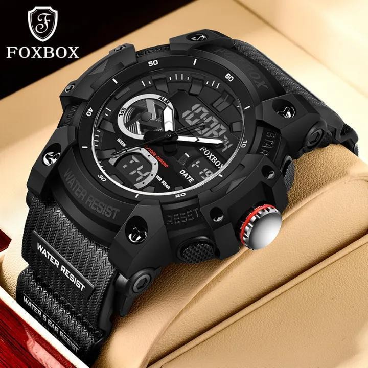 FOXBOX Dual Display Watch Men Original Chronograph Luminous กันน้ํากีฬานาฬิกาข้อมือดิจิตอล