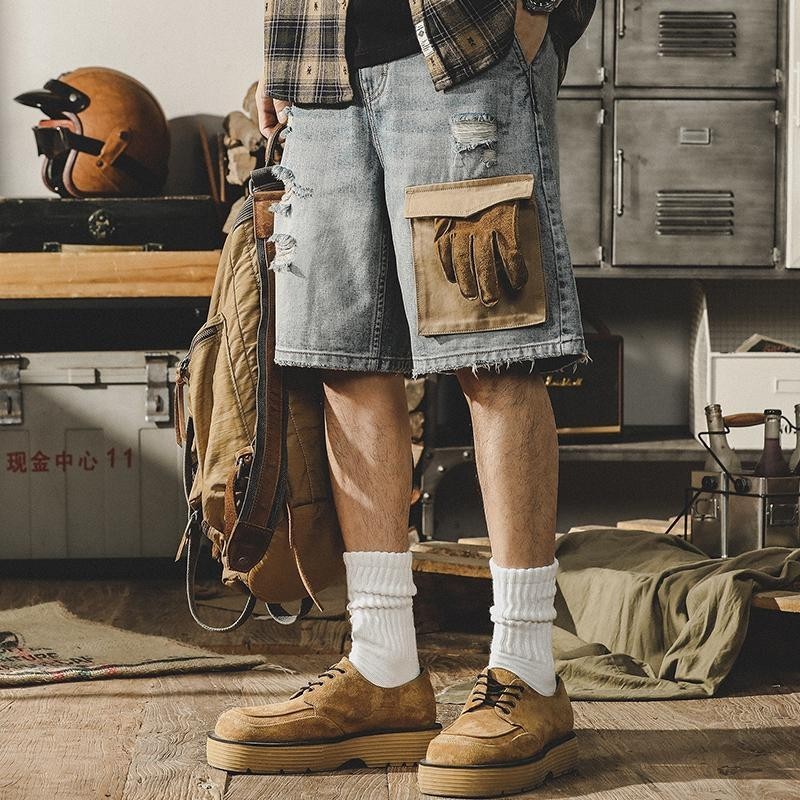 杰雷诺美式复古牛仔短裤男夏季宽松大码破洞工装五分裤男潮流中裤Jay Leno American Retro Denim Shorts Men's Summer Wide20250911