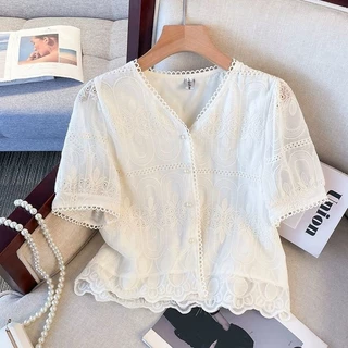 ส่งไวจากไทย⭐Summer⭐S-3XL เสื้อเชิ้ตผ้าลูกไม้แขนสั้นลายปักสไตล์สตรีสำหรับฤดูร้อน