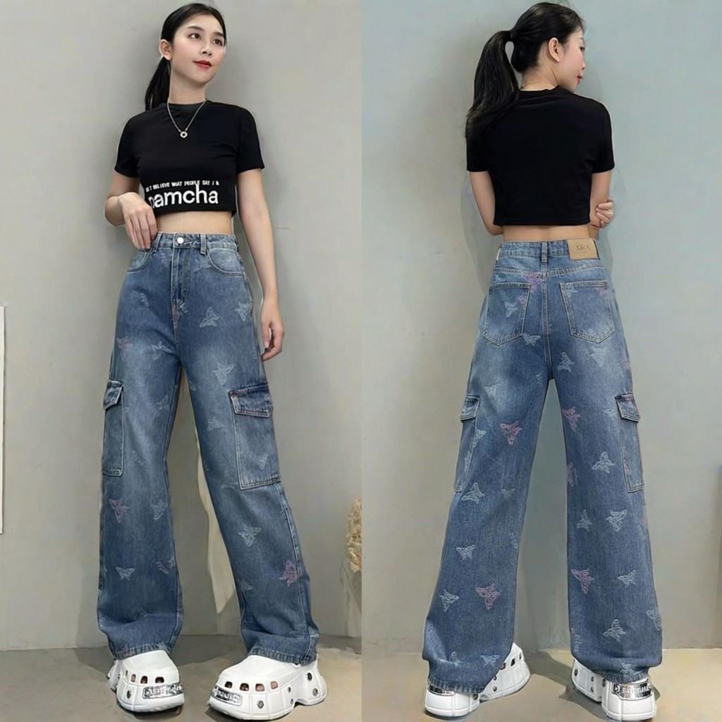 XIRA กางเกงยีนส์คาโก้ ทรงคาโก้6กระเป๋า กระบอกใหญ่ปักลาย #XR-2408
