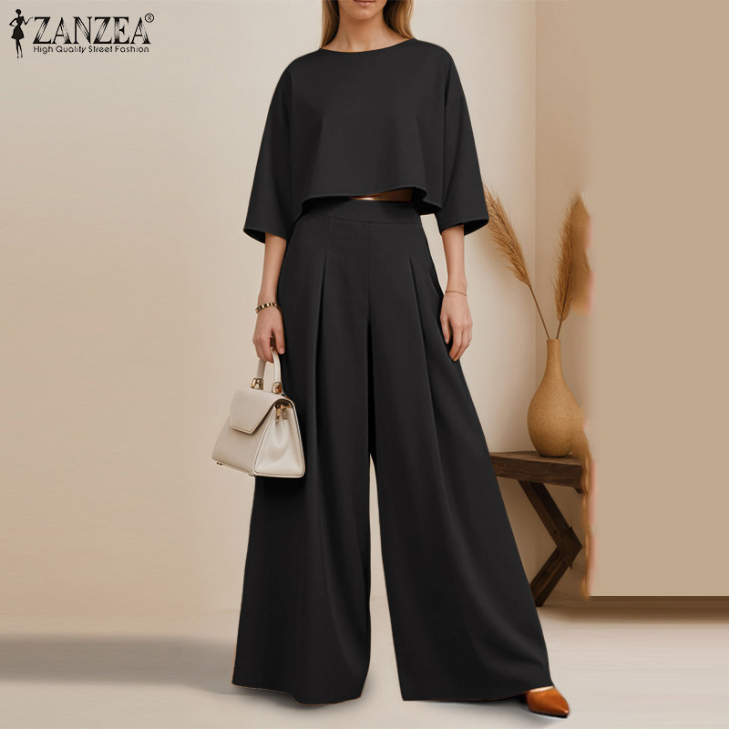 ZANZEA ชุดทำงานสำหรับผู้หญิง แขน3/4และเอวสูง กางเกงขากว้าง เหมาะสำหรับออฟฟิศ — صورة 4