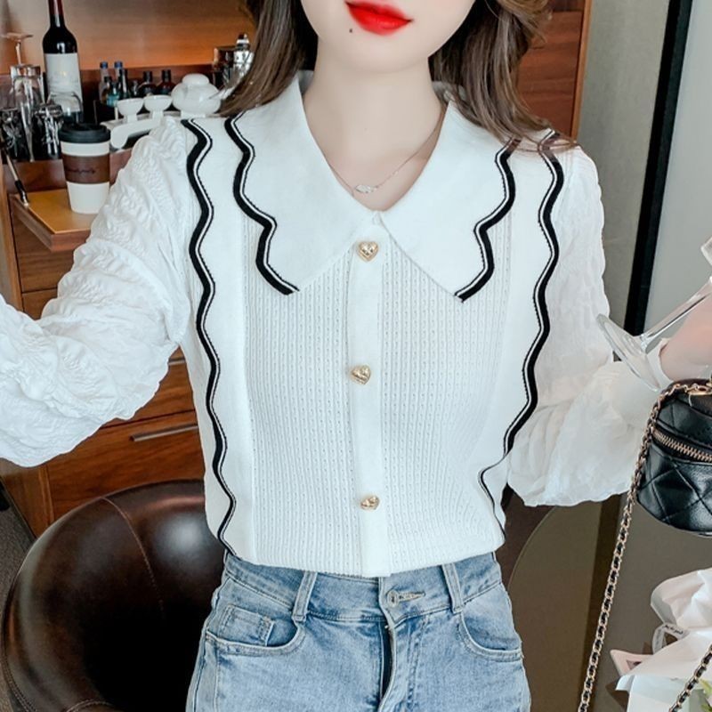 สไตล์ตะวันตกลดอายุตุ๊กตาคอปกแขนยาวเสื้อกันหนาวผู้หญิงเสื้อผ้าฤดูใบไม้ร่วง2023ชีฟองเย็บแขนยาวหวานทําค