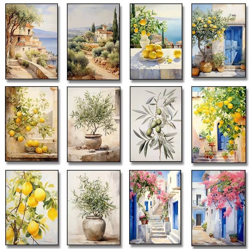 อิตาเลี่ยนมะนาว Olive Tree Retro เมดิเตอร์เรเนียน Greece Santorini ภูมิทัศน์โปสเตอร์ผ้าใบภาพวาด Wall Art ภาพตกแต่งบ้าน