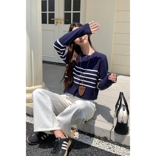 Dahong N109 เสื้อคาร์ดิแกนกันหนาว แขนยาว ผ้าถัก ลายทาง สไตล์วินเทจ สําหรับผู้หญิง คาดิแกนไหมพรมแขนยาว