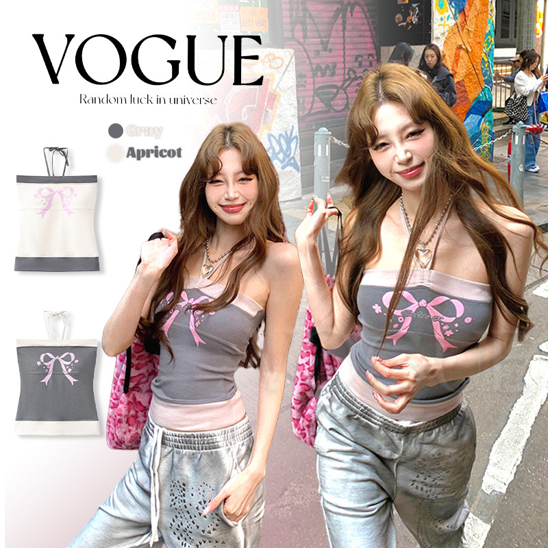 Vogue🌟พร้อมส่ง🌟เสื้อเกาะอก ดีเทลลายโบว์ สีพื้นใส่สบายน่ารักมาก เสริมฟองน้ำในตัว (FY33033)