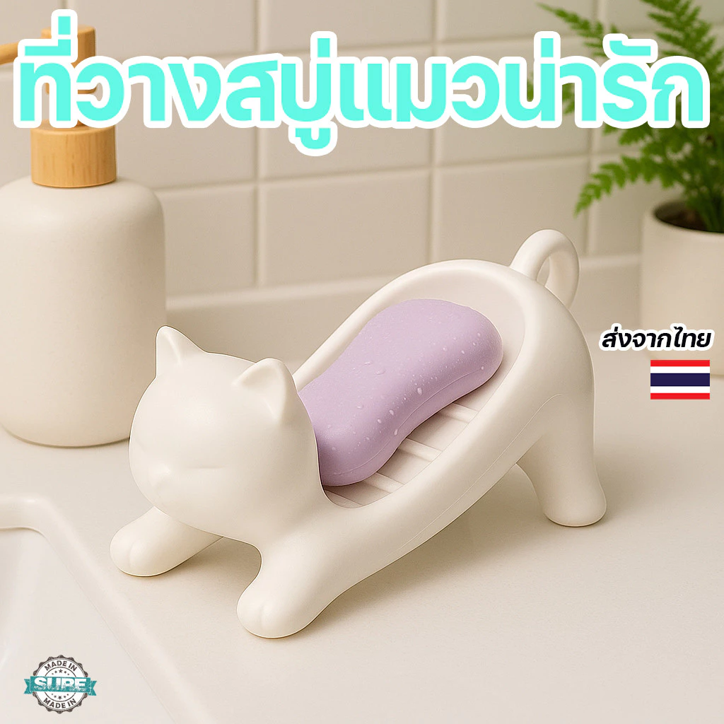 กล่องใส่สบู่รูปแมว ที่วางสบู่ระบายน้ำอัตโนมัติ วางง่าย แห้งเร็ว ใช้ได้ทุกห้องน้ำ