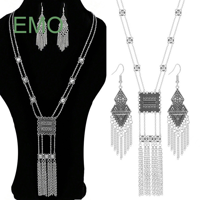โบฮีเมียสไตล์ชาติพันธุ์พู่จี้กลวงโซ่ยาวสร้อยคอ + ต่างหูสําหรับผู้หญิงสาวเครื่องประดับ irt