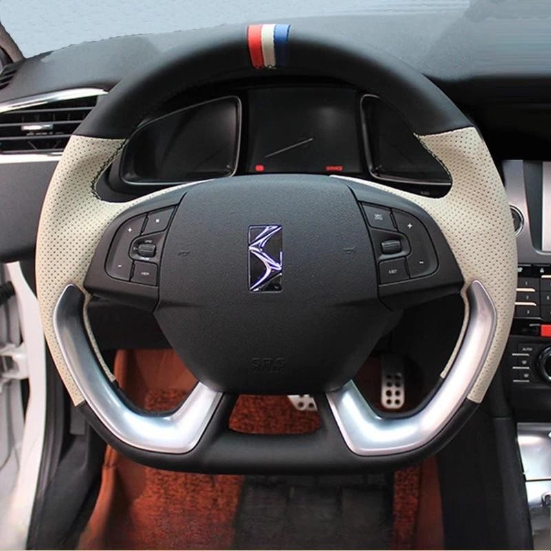 สําหรับ Citroen DS5 DS 5 DS4S DS 4S 2013-2018 เย็บมือสีดําและสีขาวน้ํานมหนังแท้พวงมาลัยรถ