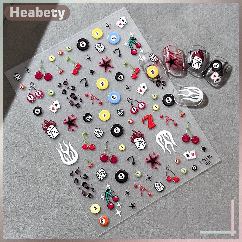 [ Heabety] 3D นูนสติกเกอร์เล็บเชอร์รี่ Self Adhesive Pool & Dice Design Nail Art Decals แต่งเล็บ DIY อุปกรณ์เสริม [COD]