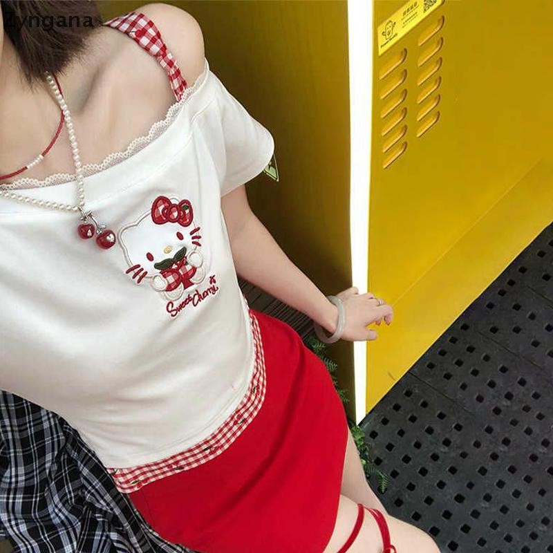 Zyngana เสื้อยืดฤดูร้อนผู้หญิง Chic Y2K ปิดไหล่แขนสั้น Slim Crop Top TH - รูปที่ 2