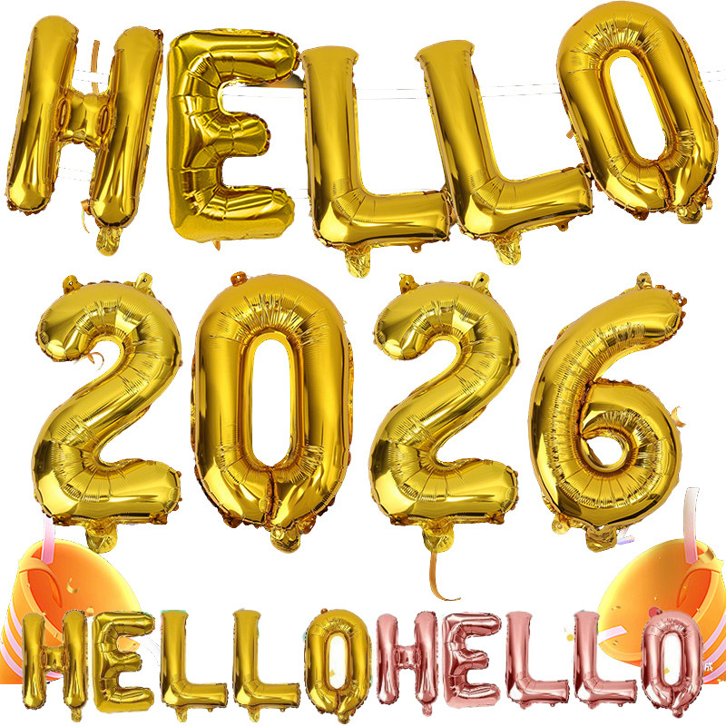 16นิ้ว สวัสดี 2026จํานวนตัวอักษรบอลลูนชุด-ขนาดใหญ่ปีใหม่อลูมิเนียมฟอยล์บอลลูนพองพรรคตกแต่ง