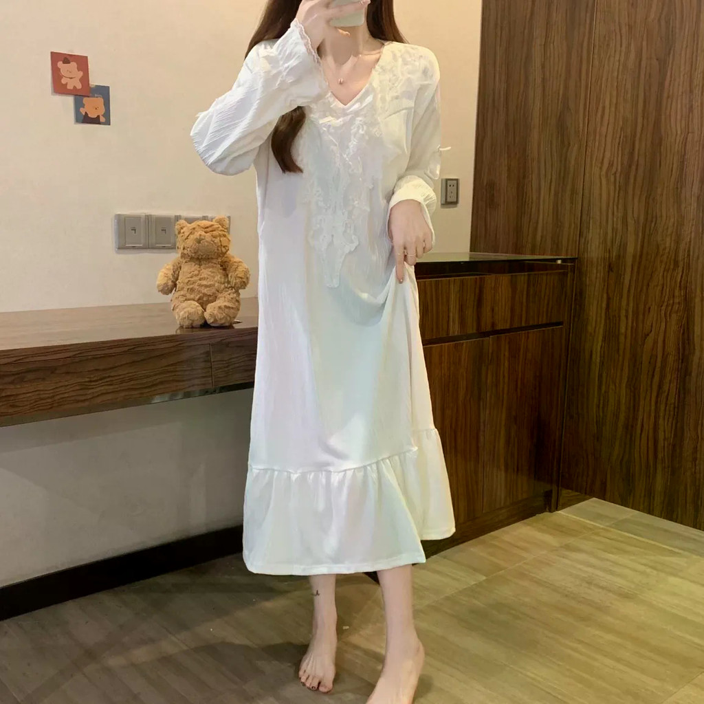 ชุดนอนผู้หญิงแขนยาวชุดนอนหวาน Nightdress Plus ขนาด Homewear สไตล์เจ้าหญิงฝรั่งเศสลูกไม้ฤดูใบไม้ผลิฤด