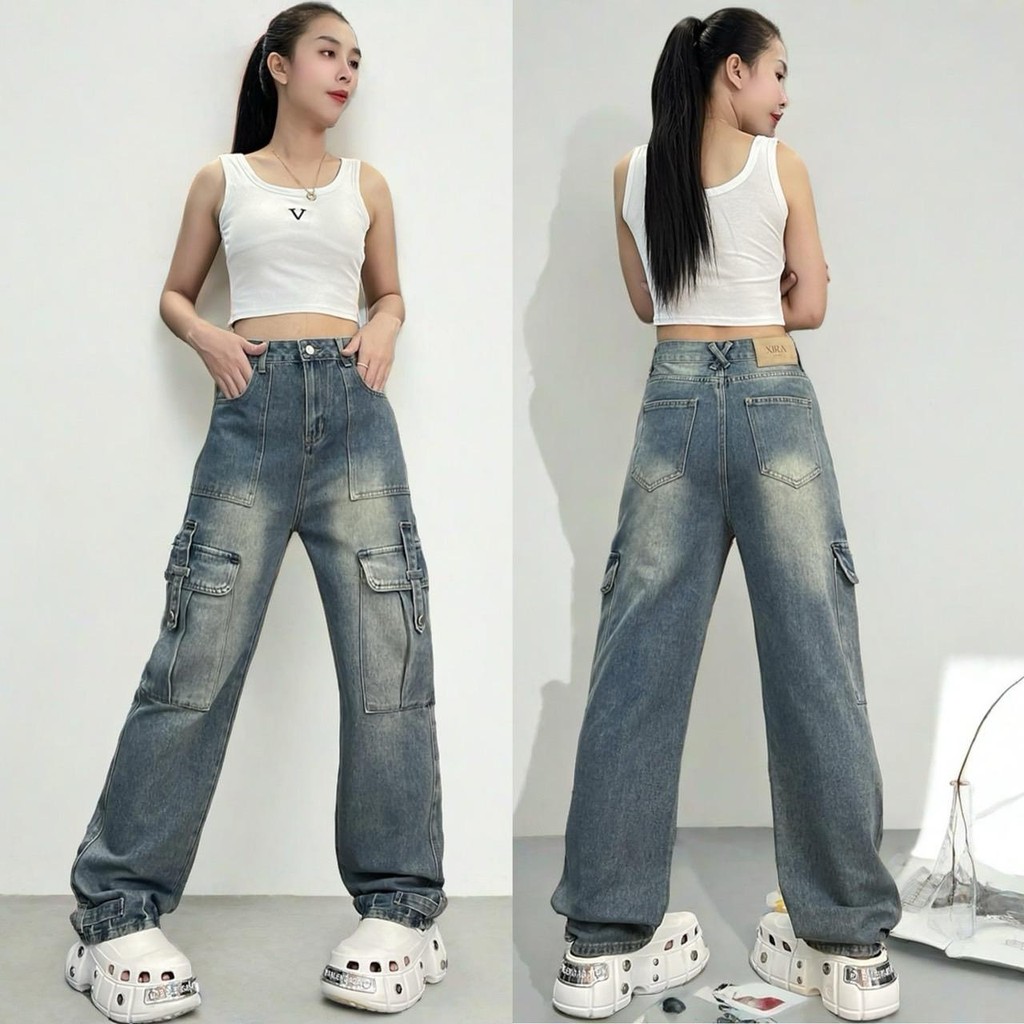 XIRA กางเกงยีนส์คาโก้  ทรงคาโก้  คาโก้ 6 กระเป๋า กระบอกใหญ่ #XR-2413