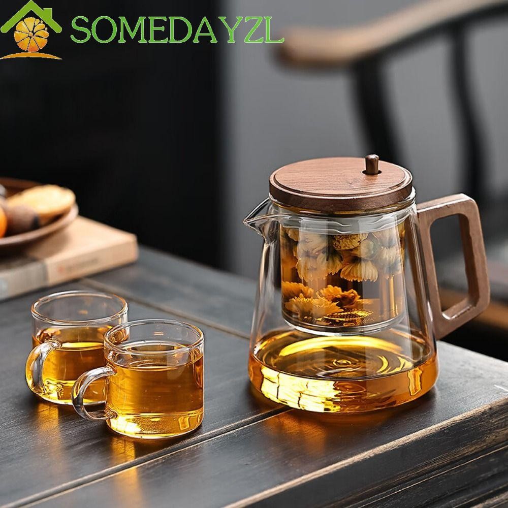 SOMEDAYZL ชาแยกกาน้ําชาแก้ว,สร้างสรรค์หม้อชาทนความร้อนพร้อม Infusers, Easy Maintenance 650ML พร้อมที่จับไม้กดควบคุม Lazy Kungfu หยดกาน้ําชา Office