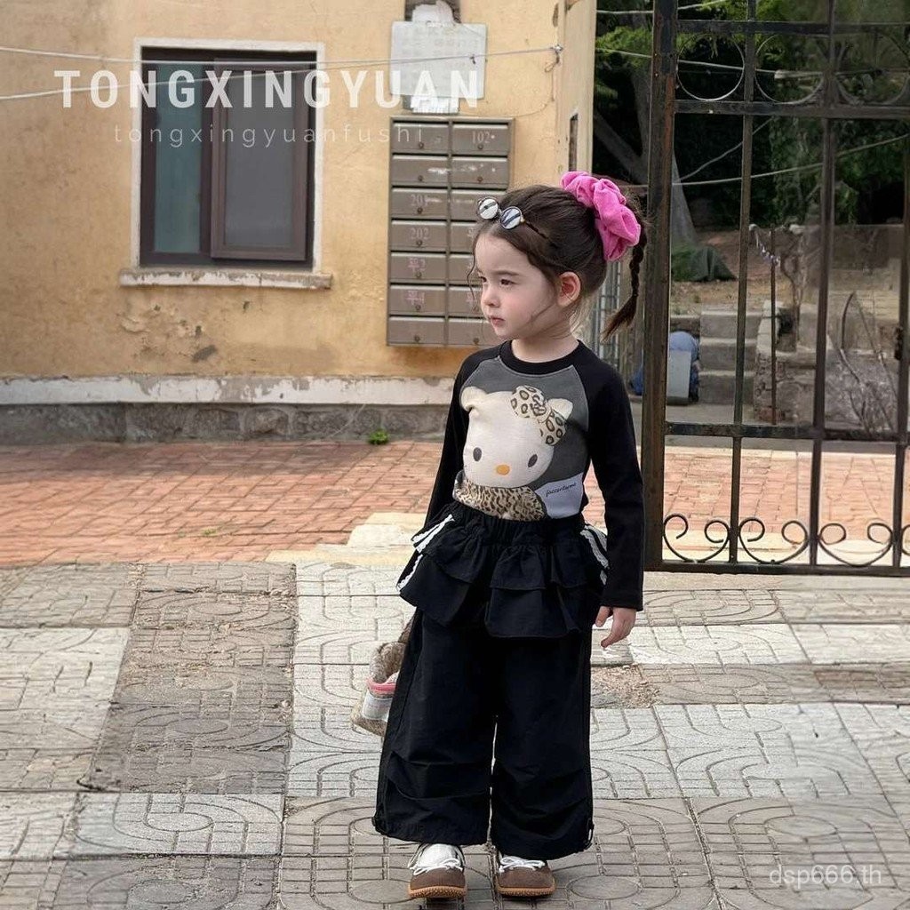 Girls' Autumn Outfit Set2025New style Korean version long-sleeve cartoon baby T Shirt and Cargo Pant